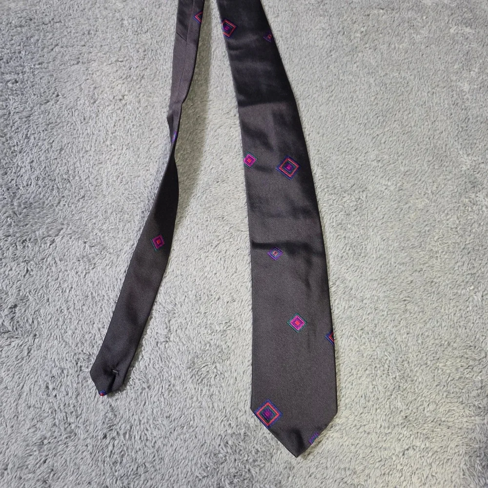 Perry Ellis Mens‎ Necktie Charcoal Grey Silk Geometric Diamond Handmade Italy